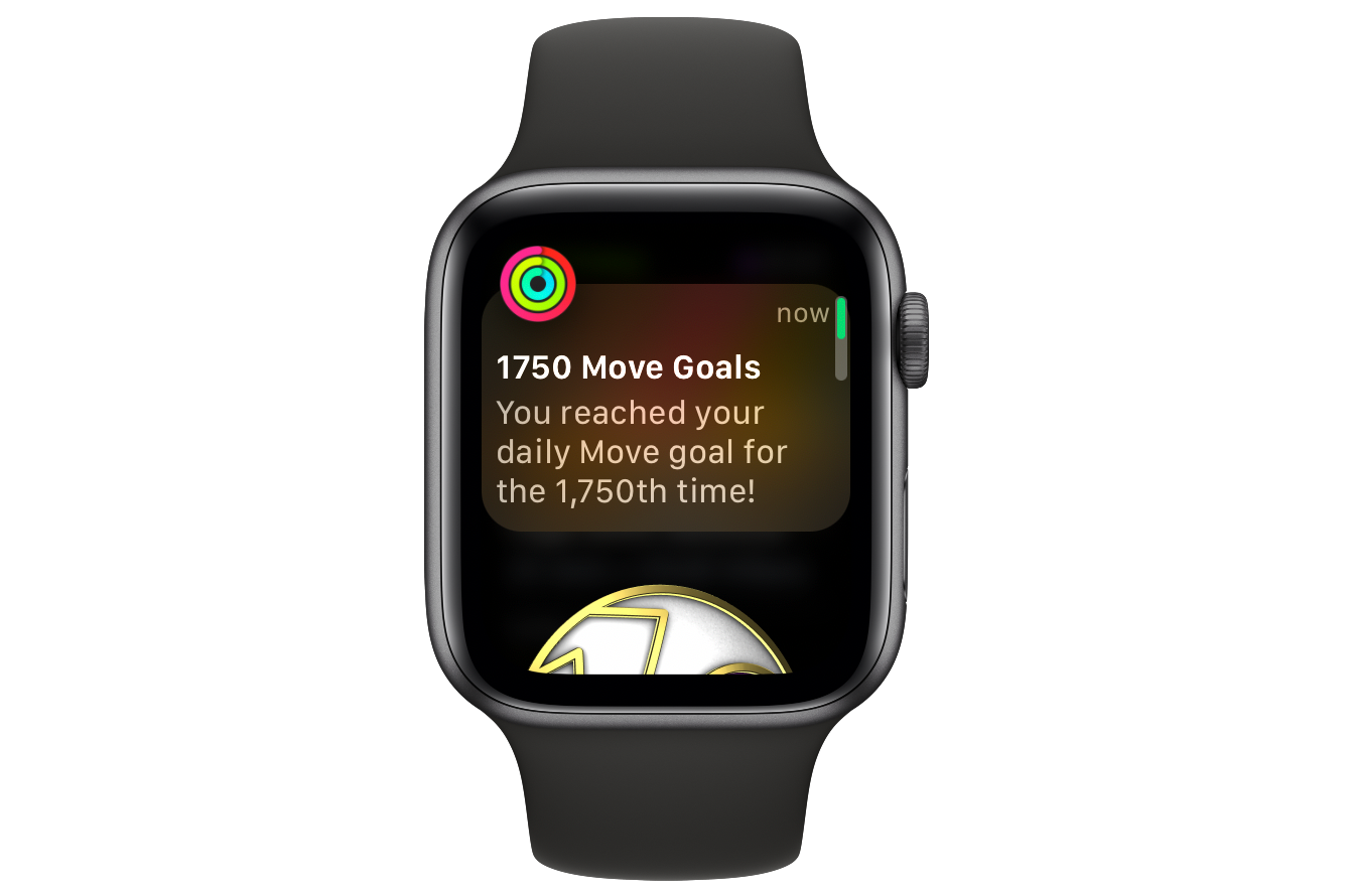 Screenshot of the 1750 move goals accomplishment badge on an Apple Watch
