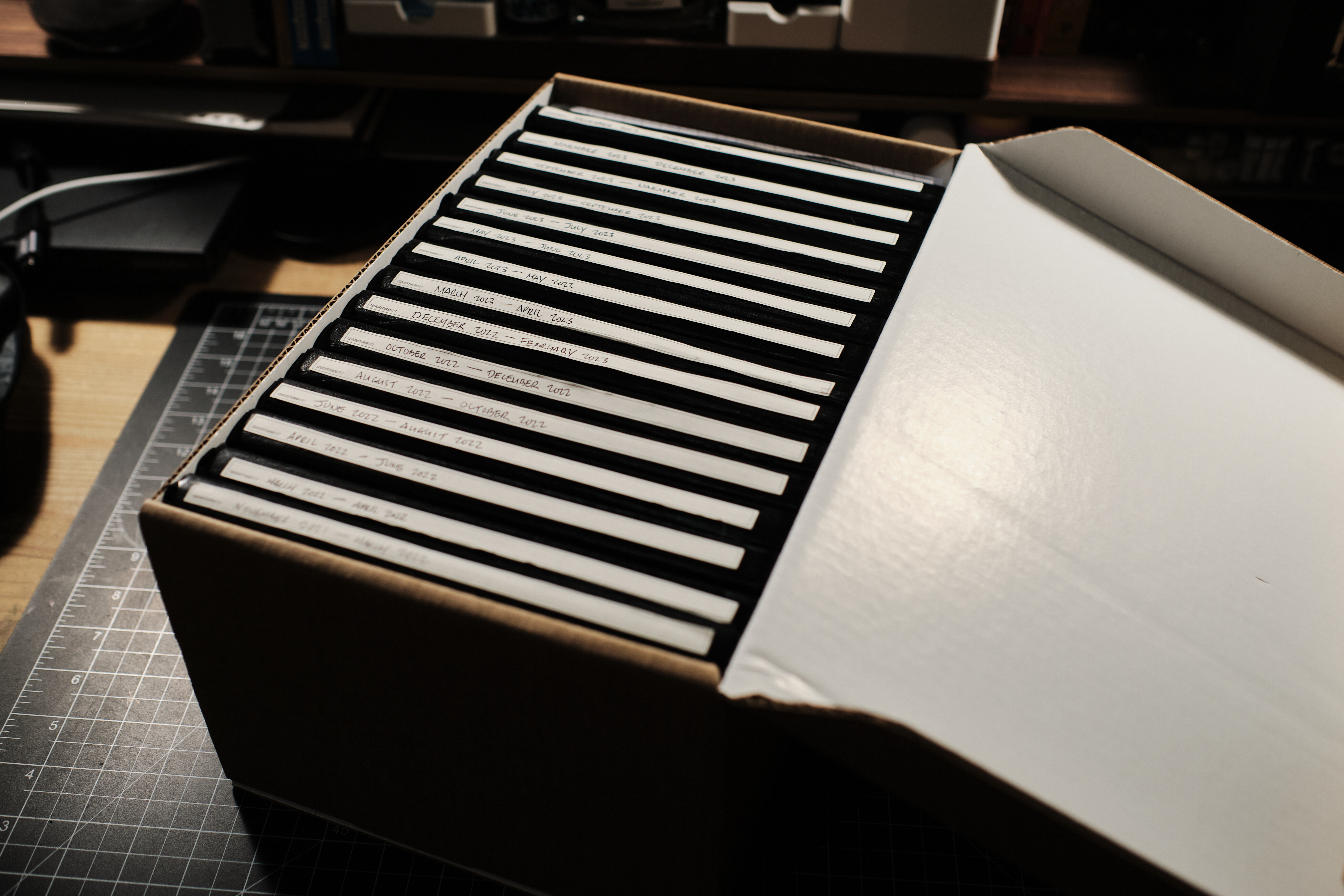 A custom cardboard wooden box with 15 completed Leuchtturm1917 notebooks organized inside, a white label across each spine with the start and end dates of each notebook